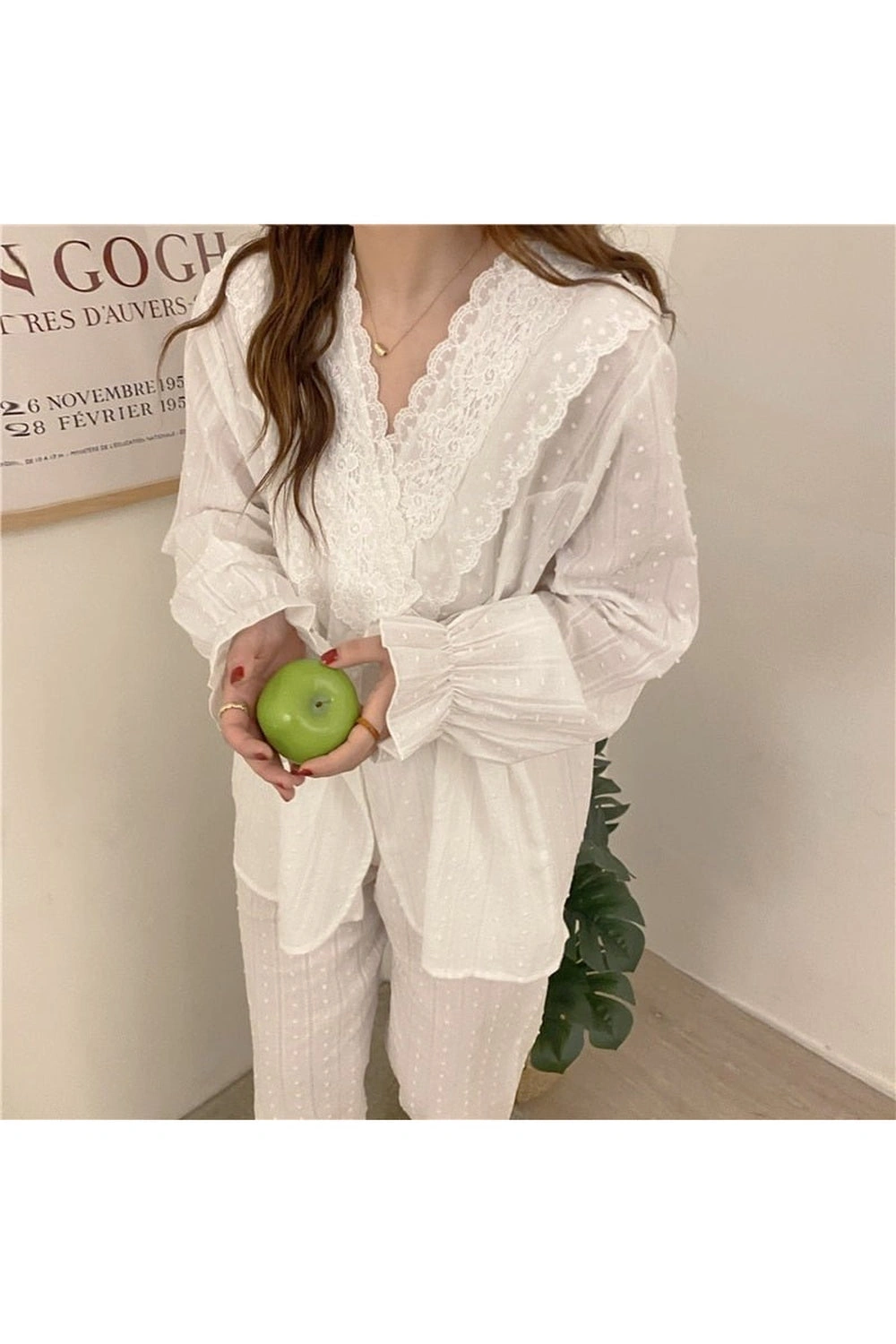 Elegant Lace Dreams: Cotton Pajama Set for a Chic Night In