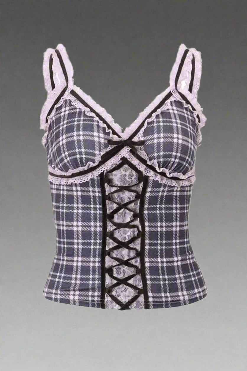 Boho Lace Plaid: Effortlessly Chic Patchwork Top for Summer Days